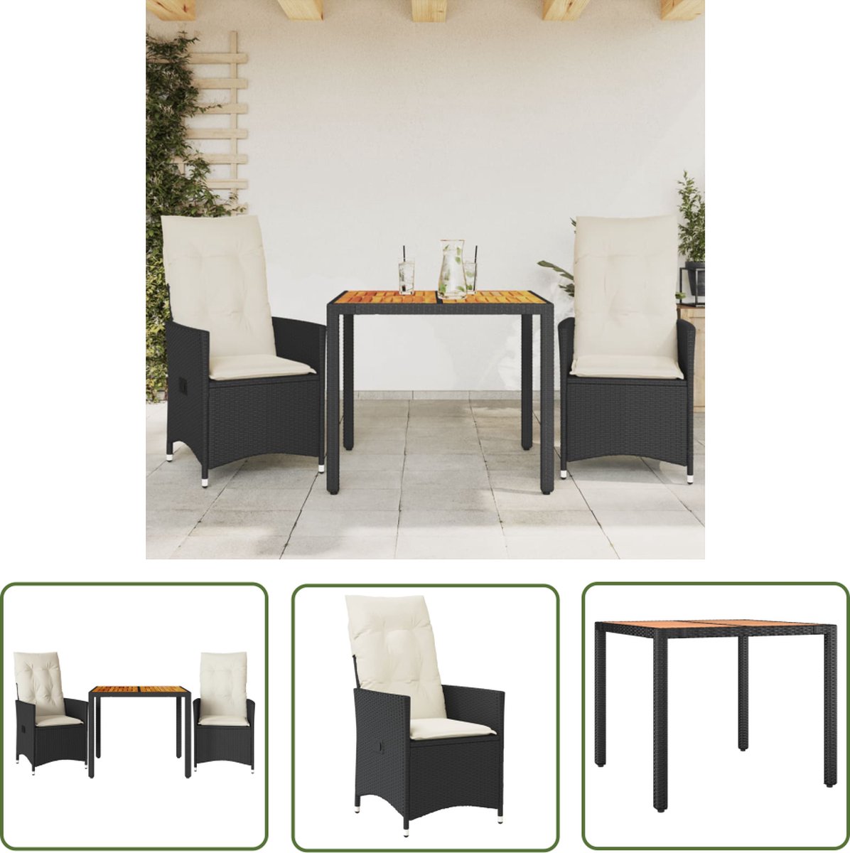 The Living Store 3-delige Bistroset met kussens poly rattan en acaciahout zwart - Tuinmeubles - Bistroset - Lounge Set - Buitentijd - Terrasdecoratie