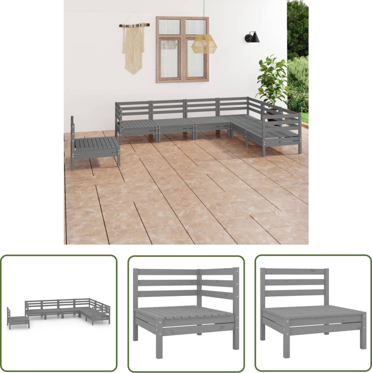 The Living Store 7-delige Loungeset massief grenenhout grijs - Tuinmeubles - Lounge Set - Hout - Buitendecoratie - Balkonmeubilair