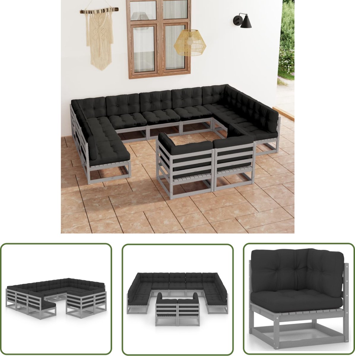 Loungeset van massief grenenhout in grijs met kussens - Tuinmeubels.