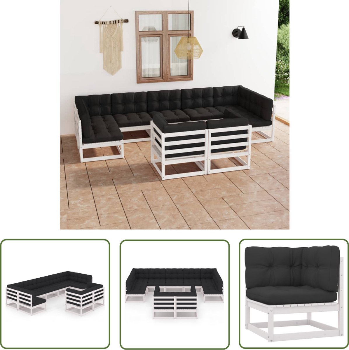 Massief grenenhouten loungeset in wit met kussens - tuinmeubilair - The Living Store