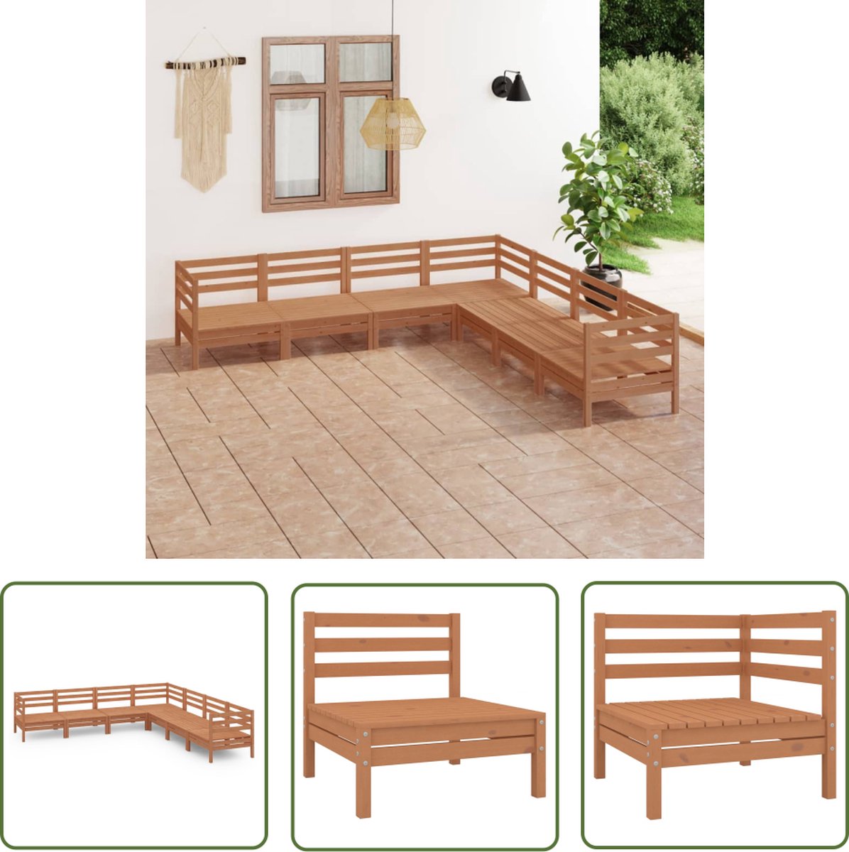 The Living Store 7-delige Loungeset massief grenenhout honingbruin - Loungeset - Tuinmeubels - Hout - Grenenhout - Bruine Lounge Set