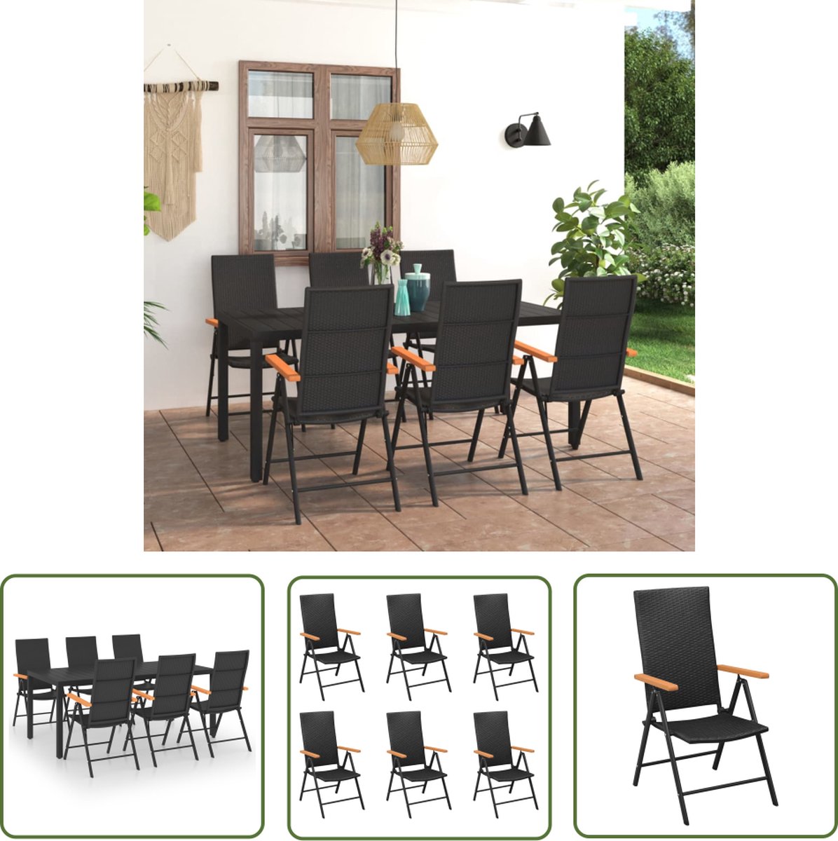 The Living Store 7-delige Tuinset zwart en bruin - Tuinmeubleset - Eetkamerset - Buitendecor - Lounge Set - Garden Furniture