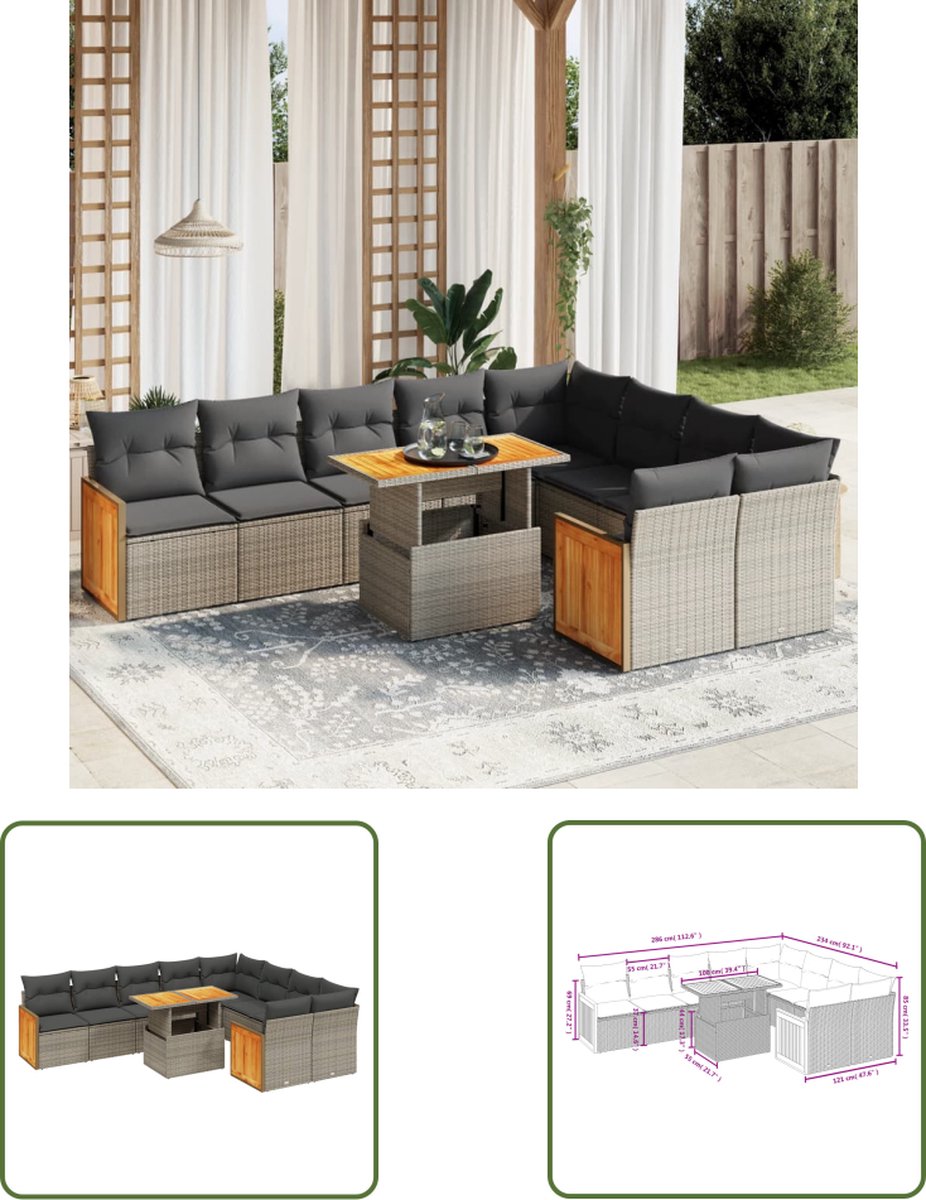Grijze poly rattan loungeset met kussens voor buiten.