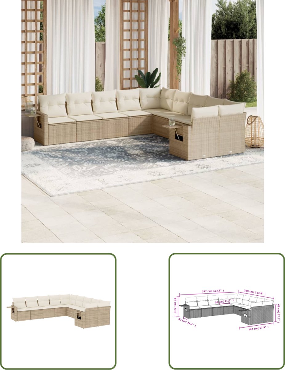The Living Store 10-delige Loungeset met kussens poly rattan beige