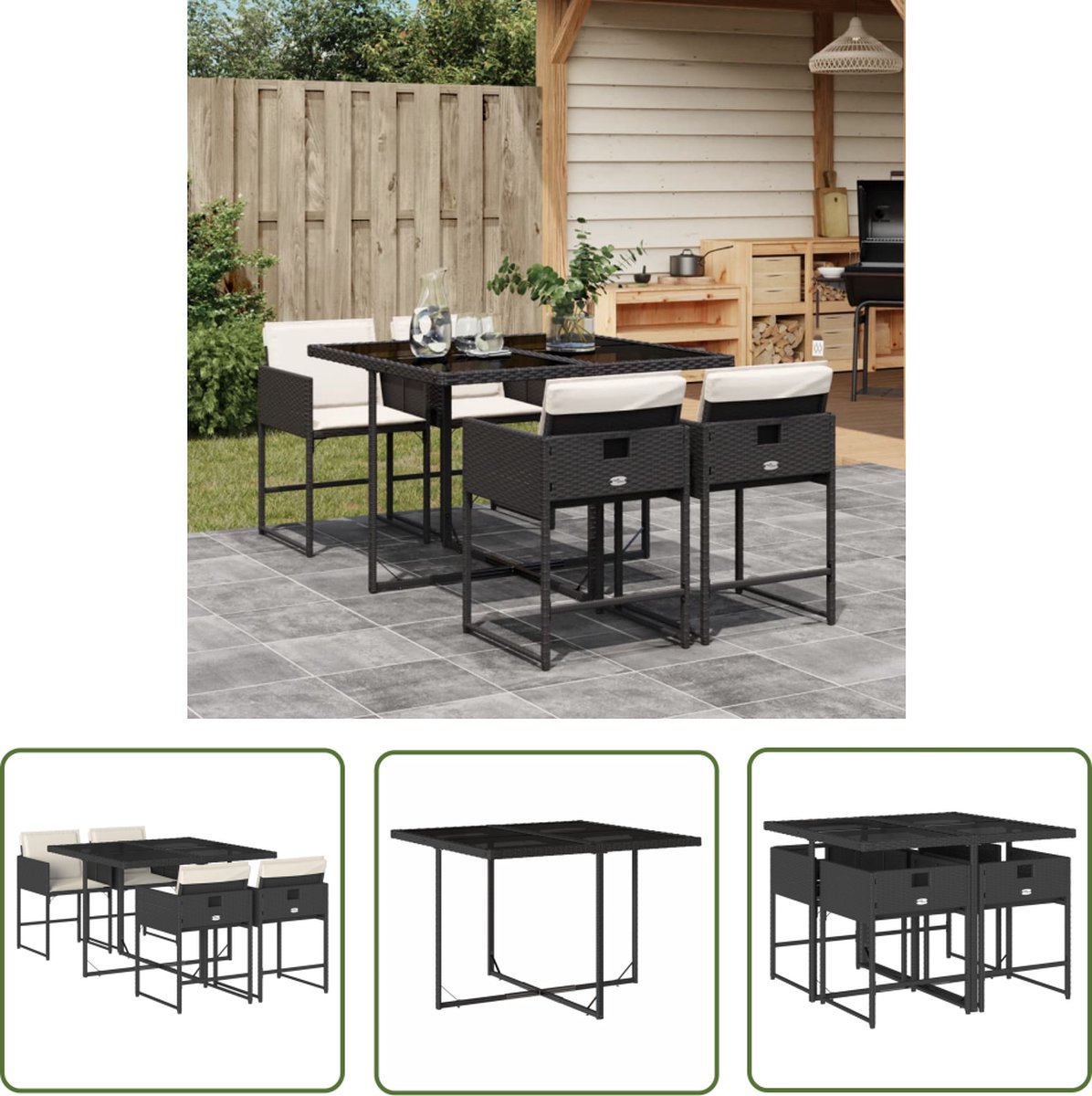 The Living Store 5-delige Tuinset met kussens poly rattan zwart - Tuinset - Poly Rattan - Buitameubel - Eetkamerset - Lounge Set