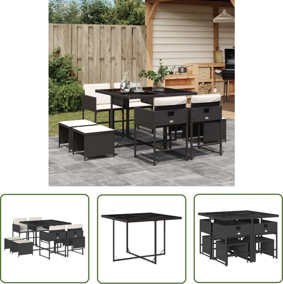 Zwarte poly rattan tuinset met 9 delen - The Living Store.