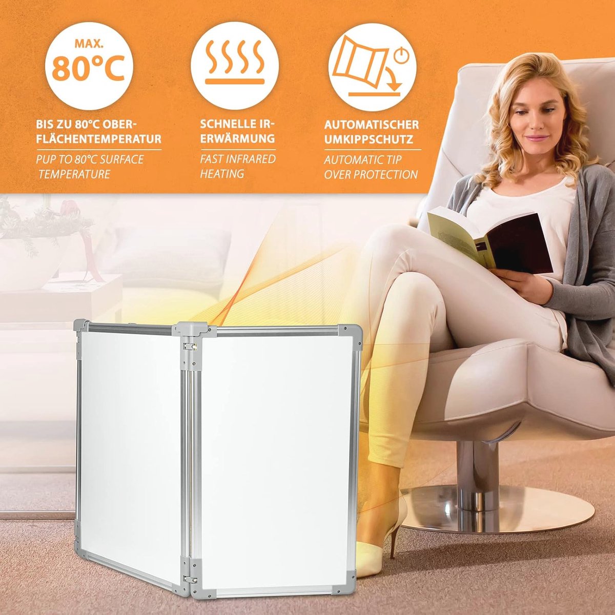 Infrarood paneel - Bureau verwarming – Verwarmingspaneel - Elektrische kachel – Mobiele Infraroodverwamer – Heater – Kachel – 53 x 108 cm – 350W – 3 Warmtestanden – foto 5