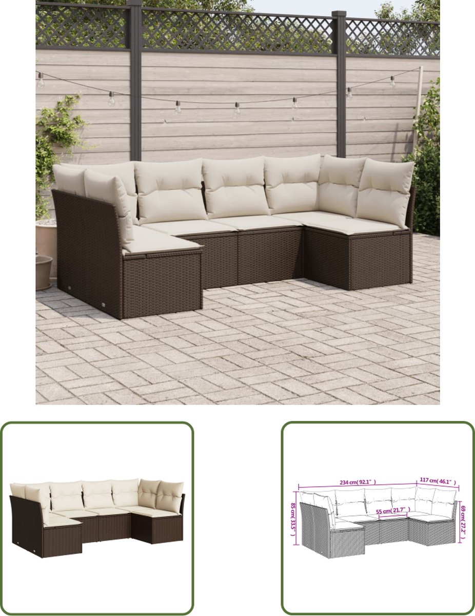 The Living Store 6-delige Loungeset met kussens poly rattan bruin - Loungebank - Lounge Set - Tuinmeubels - Buitendecoratie - Tuinlounge