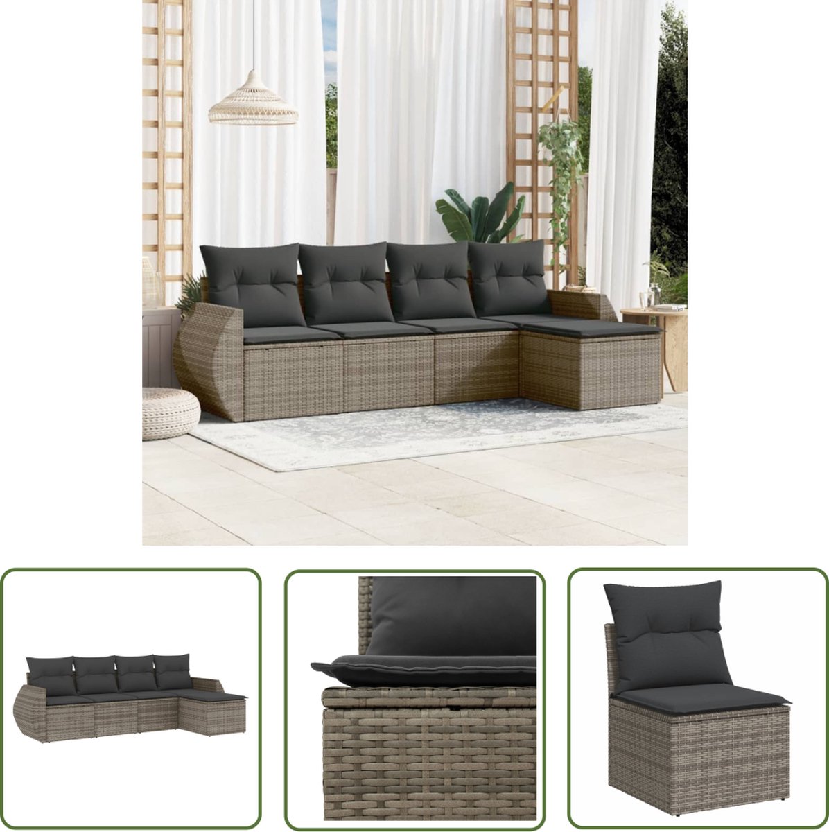 Grijze poly rattan loungeset met kussens voor buiten - The Living Store.
