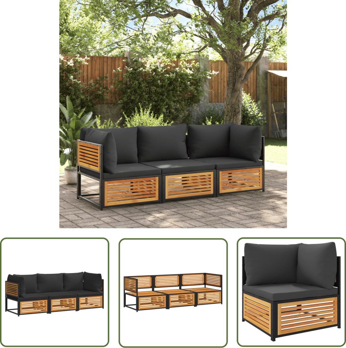 The Living Store 3-delige Loungeset met kussens massief acaciahout - Loungeset - Tuinset - Acacia Hout - Lounge Bank - Buitendecoratie