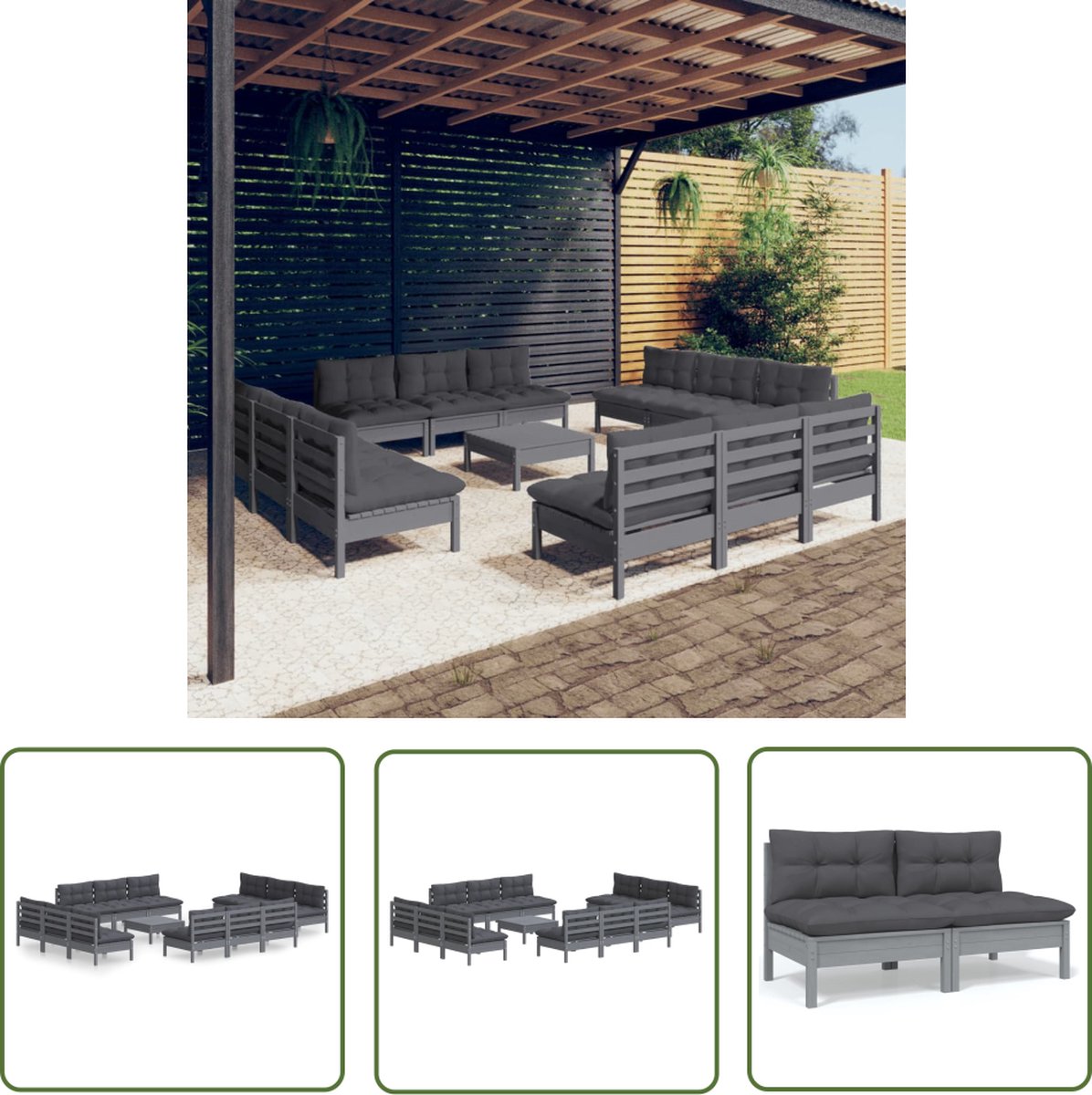 The Living Store 13-delige Loungeset met antracietkleurige kussens grenenhout - Loungestoel - Lounge Set - Buitendecoratie - Tuinmeubel - Houten Bank