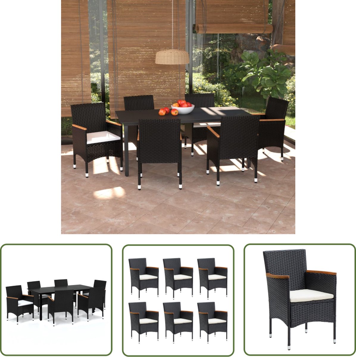 The Living Store 7-delige Tuinset met kussens poly rattan zwart - Tuinstoel - Tuinset - Buitentijd - Lounge Set - Acacia Hout