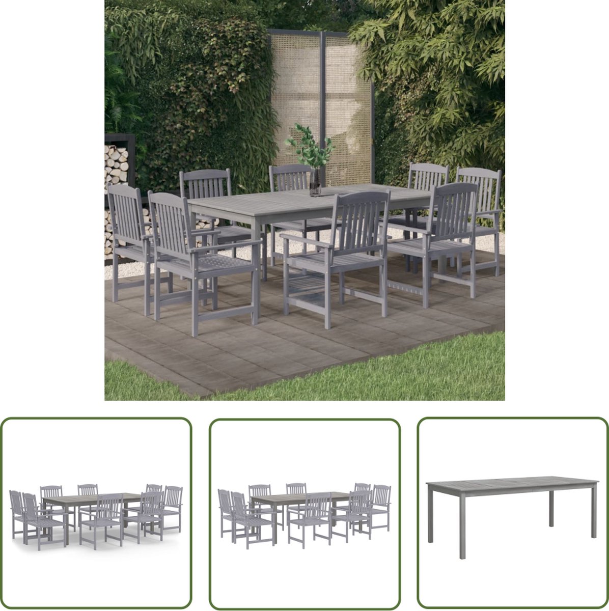 Tuinset van massief grijs acaciahout, 9-delige set met tuinstoel en eetkamertafel.