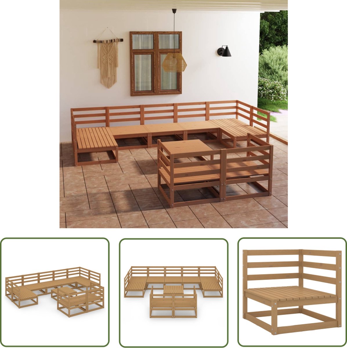 The Living Store 10-delige Loungeset massief grenenhout - Tuin Lounge Set - Houten Loungestoel - Buitendiner - Tuinset - Veranda Meubel