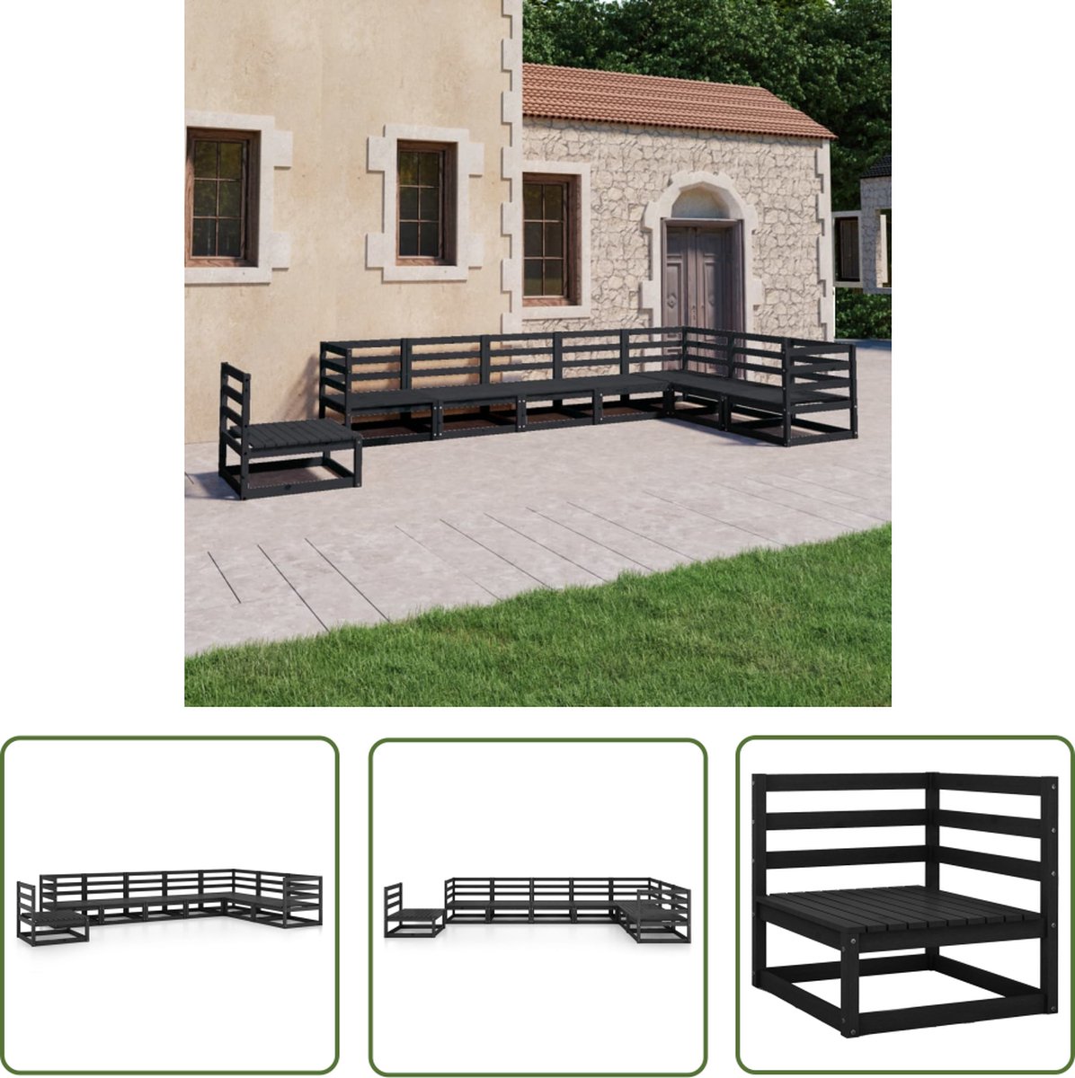 Zwarte massief grenenhouten loungeset voor buiten - The Living Store.