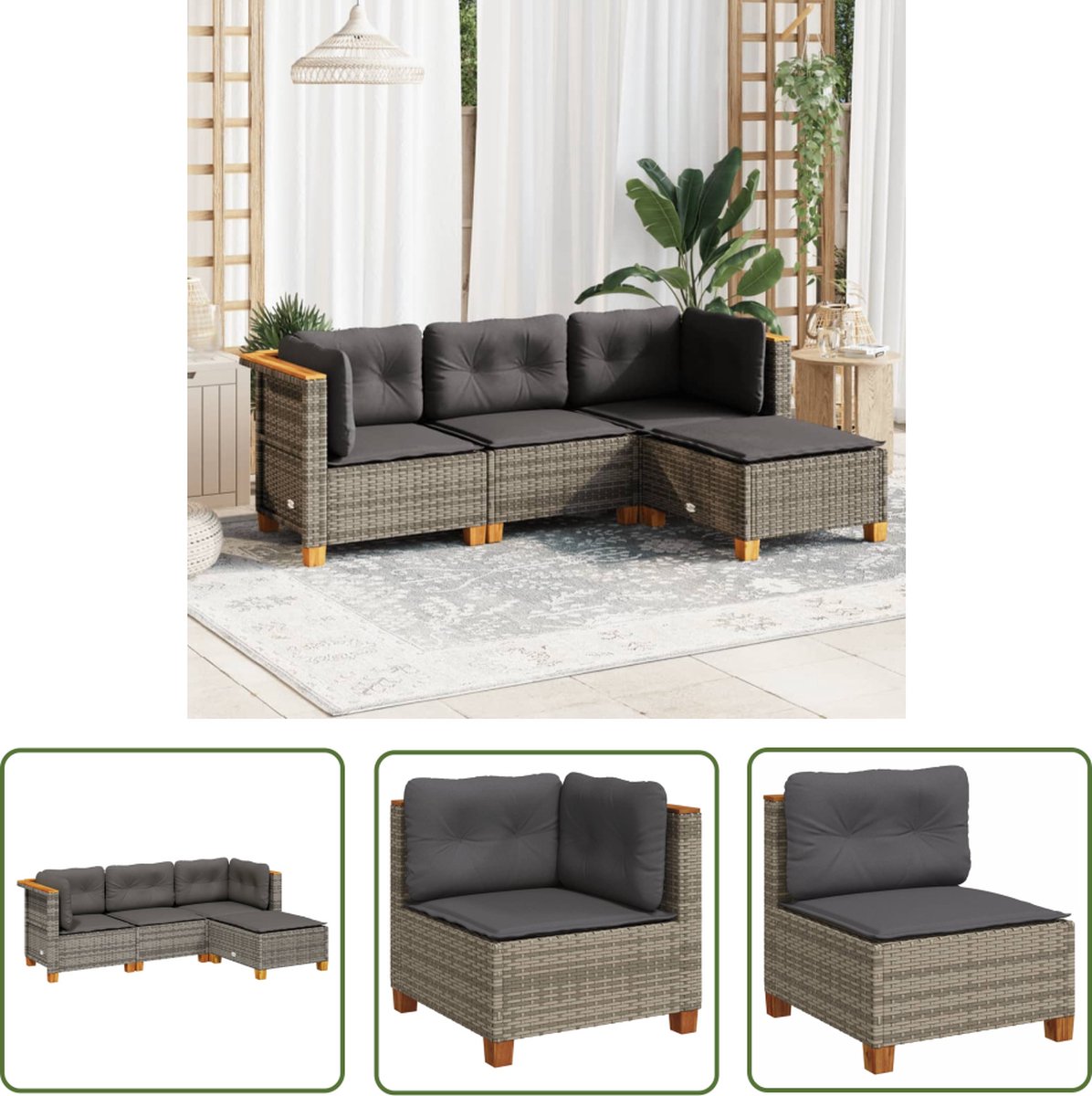 Grijze poly rattan loungeset met kussens voor buitenmeubilair.