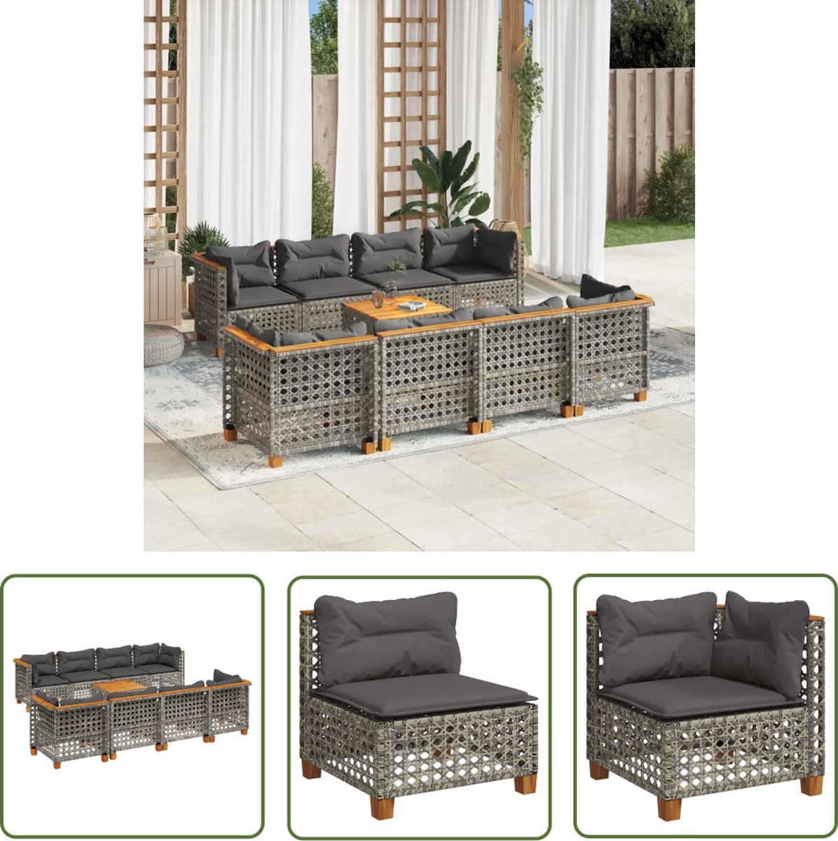 Grijze poly rattan loungeset met kussens en loungebank voor tuinmeubels.