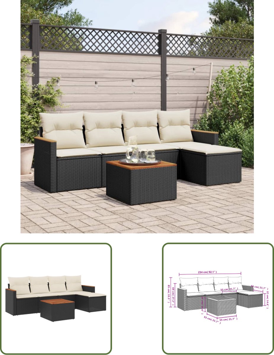The Living Store 6-delige Loungeset met kussens poly rattan zwart - Loungeset - Tuinmeubels - Lounge Set - PE Rattan - Zwarte Loungebank