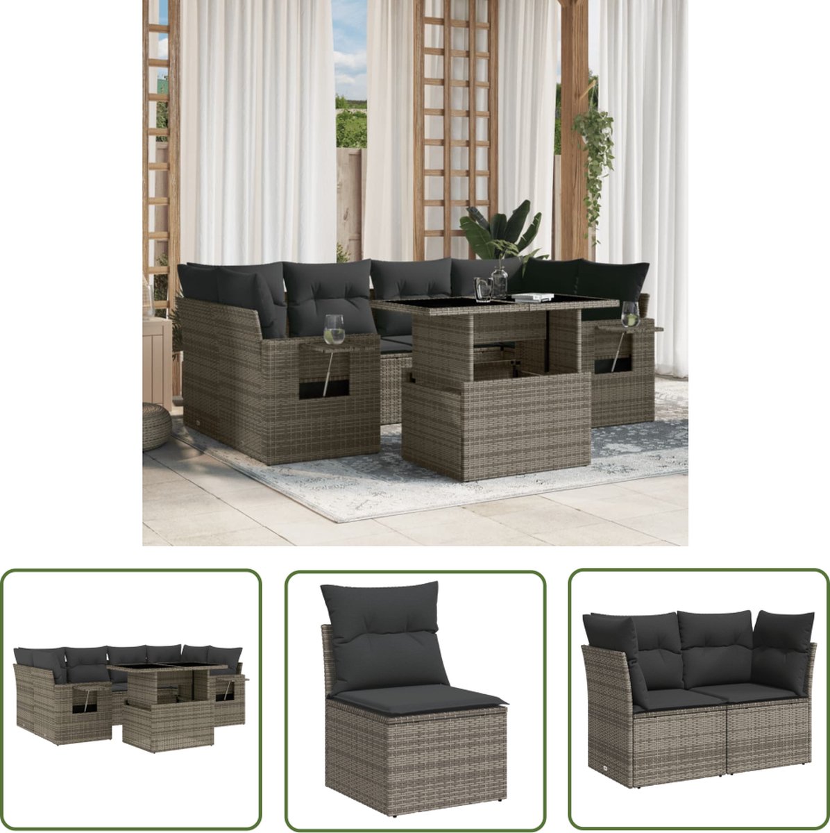 The Living Store 7-delige Loungeset met kussens poly rattan grijs - Loungebank - Lounge Set - Buitendecoratie - Tuinmeubelen - Tuinlounge