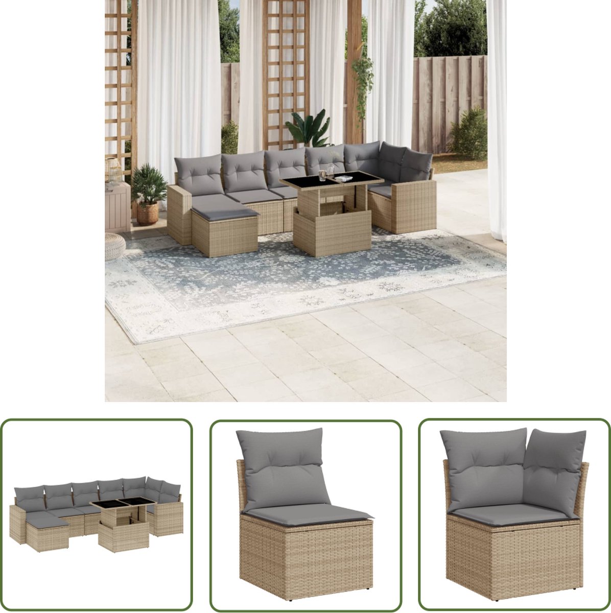 The Living Store 8-delige Loungeset met kussens poly rattan beige - Loungeset - Tuinmeubels - Lounge Set - PE-rattan - Outdoor Furniture