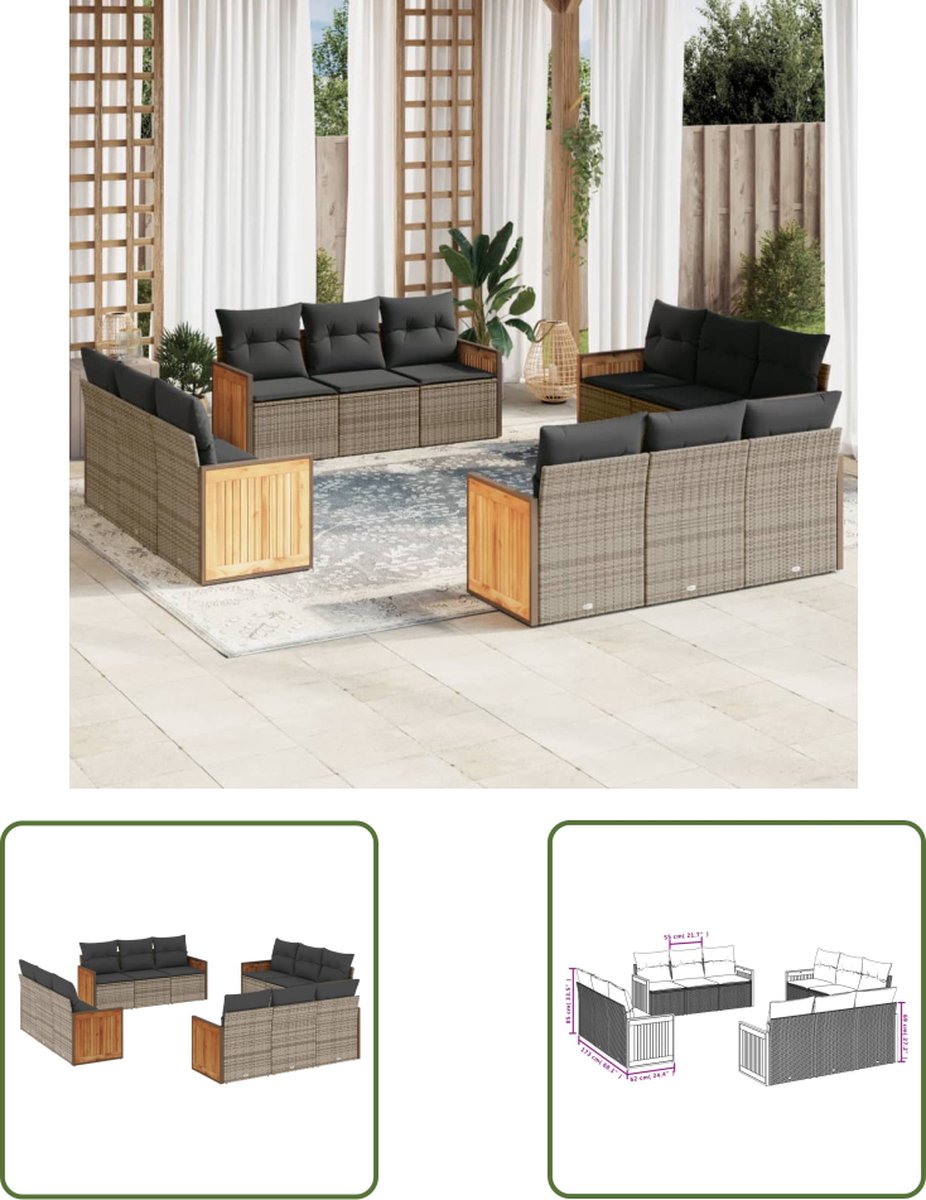 The Living Store 12-delige Loungeset met kussens poly rattan grijs - Tuinlounge - Lounge Set - Buitendiner - Tuinset - Loungebank
