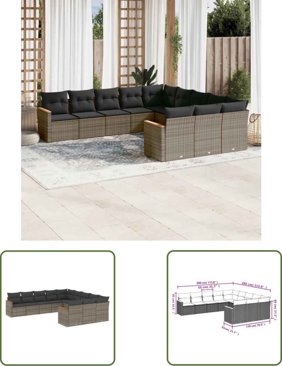 The Living Store 11-delige Loungeset met kussens poly rattan grijs - Loungebank - Lounge Set - Tuinset - Buitendecoratie - Outdoor Furniture