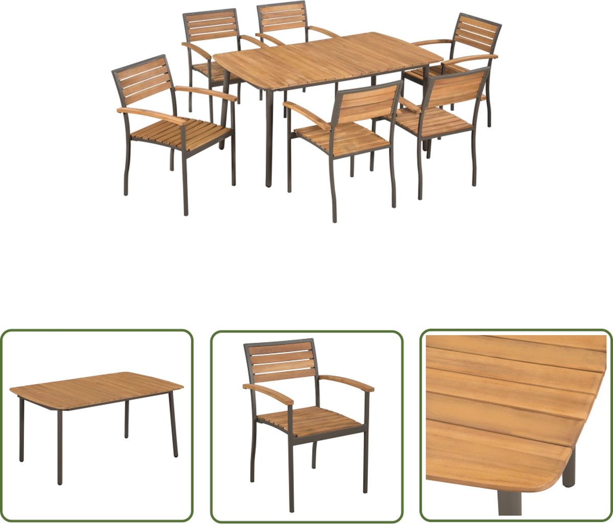 Tuinset van massief acaciahout en staal, eetkamerstoelen en buitentafel met 6 personen.