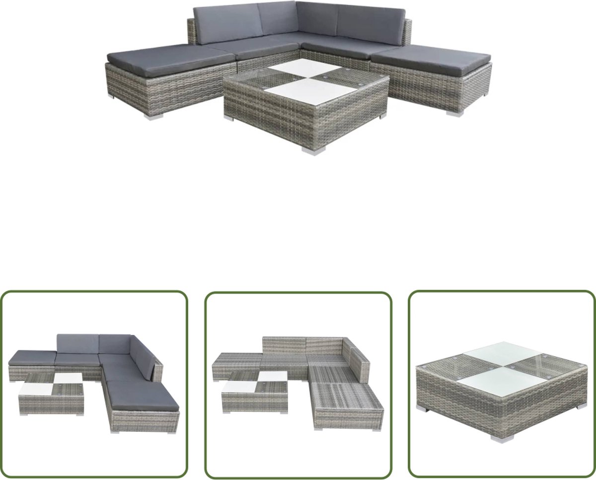 The Living Store 6-delige Loungeset met kussens poly rattan grijs - Loungebank - Tuinset - Ratan Lounge - Buitendiner - Loungegroep