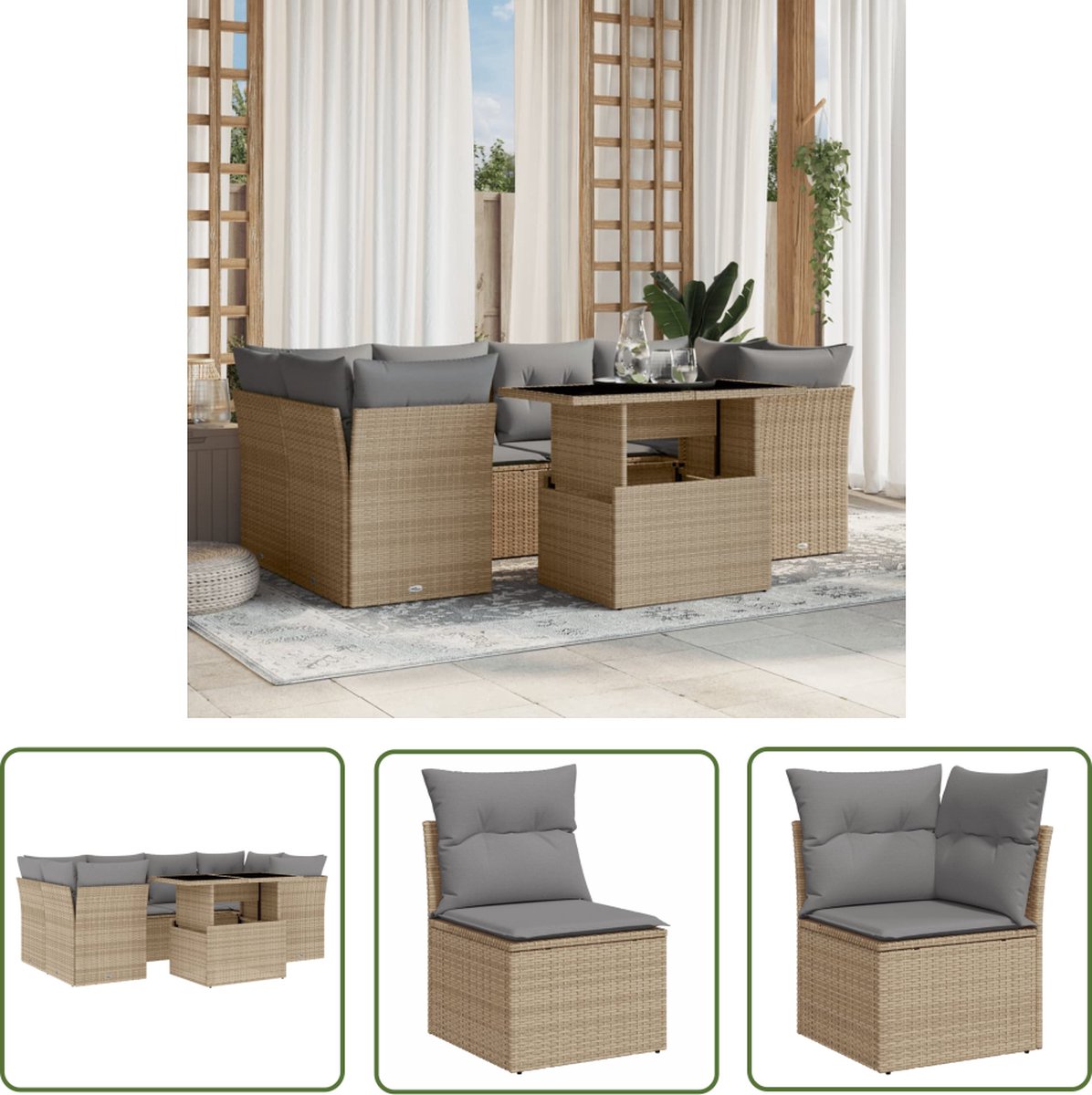 The Living Store 7-delige Loungeset met kussens poly rattan beige - Loungebank - Lounge Set - Buitendecoratie - Tuinmeubels - Loungestoel