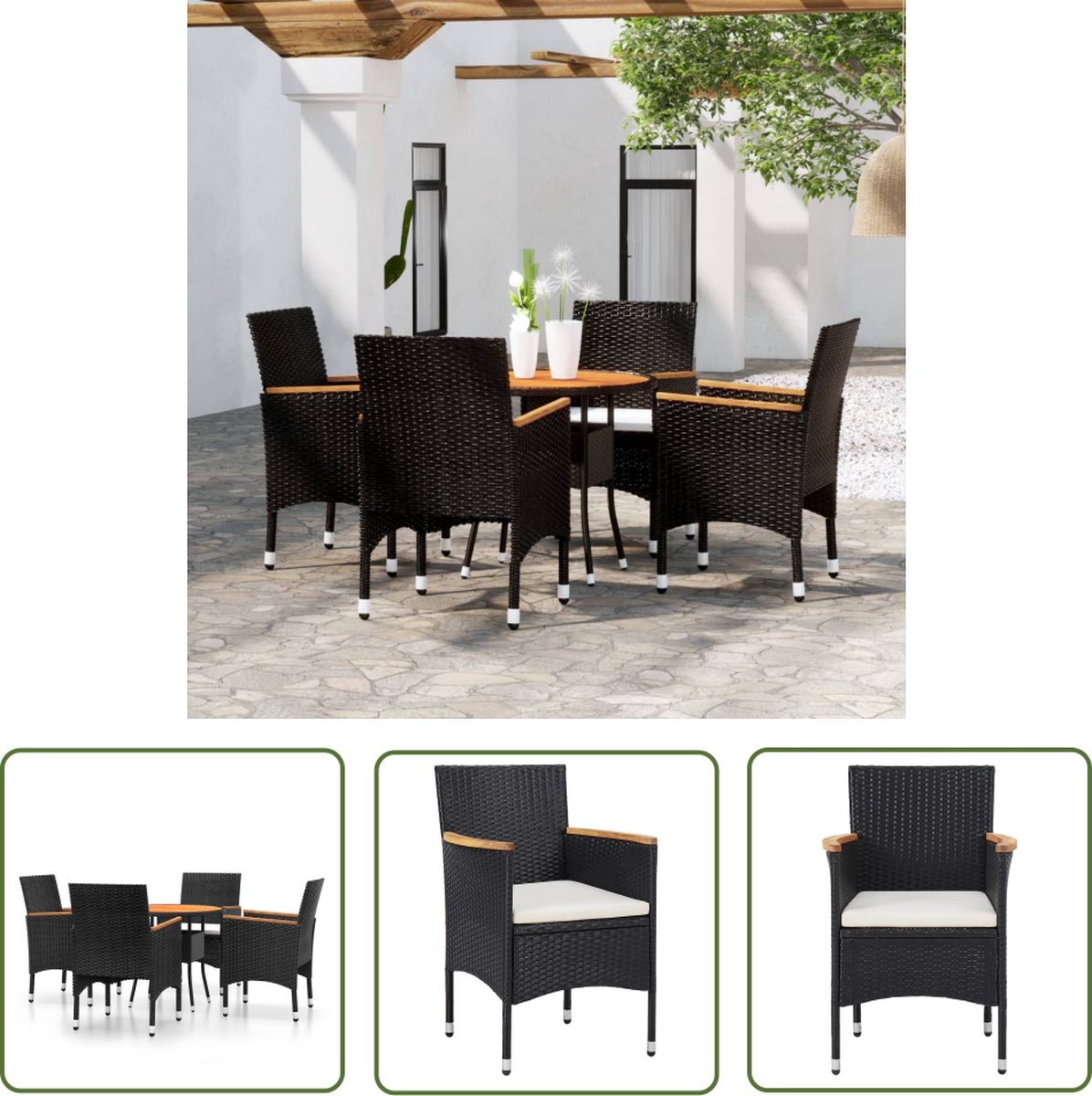 The Living Store 5-delige Tuinset poly rattan zwart - Tuinmeubles - Tuinset - Eetkamerset - Acacia Houten Tafel - Zwarte Tuinstoelen Zwarte poly rattan tuinset met acaciahouten tafel en stoelen.