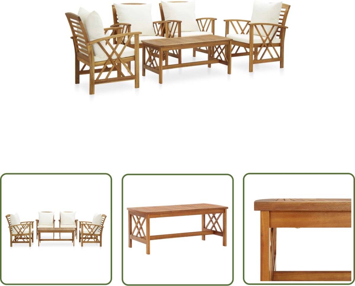 The Living Store 5-delige Loungeset met kussens massief acaciahout - Tuinmeubles - Lounge Set - Tuinset - Acacia Hout - Outdoor Meubels