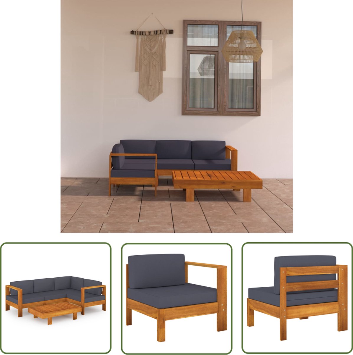 The Living Store 5-delige Loungeset met donkergrijze kussens acaciahout - Loungebank - Tuinstoel - Lounge Set - Buitendecoratie - Acacia Hout