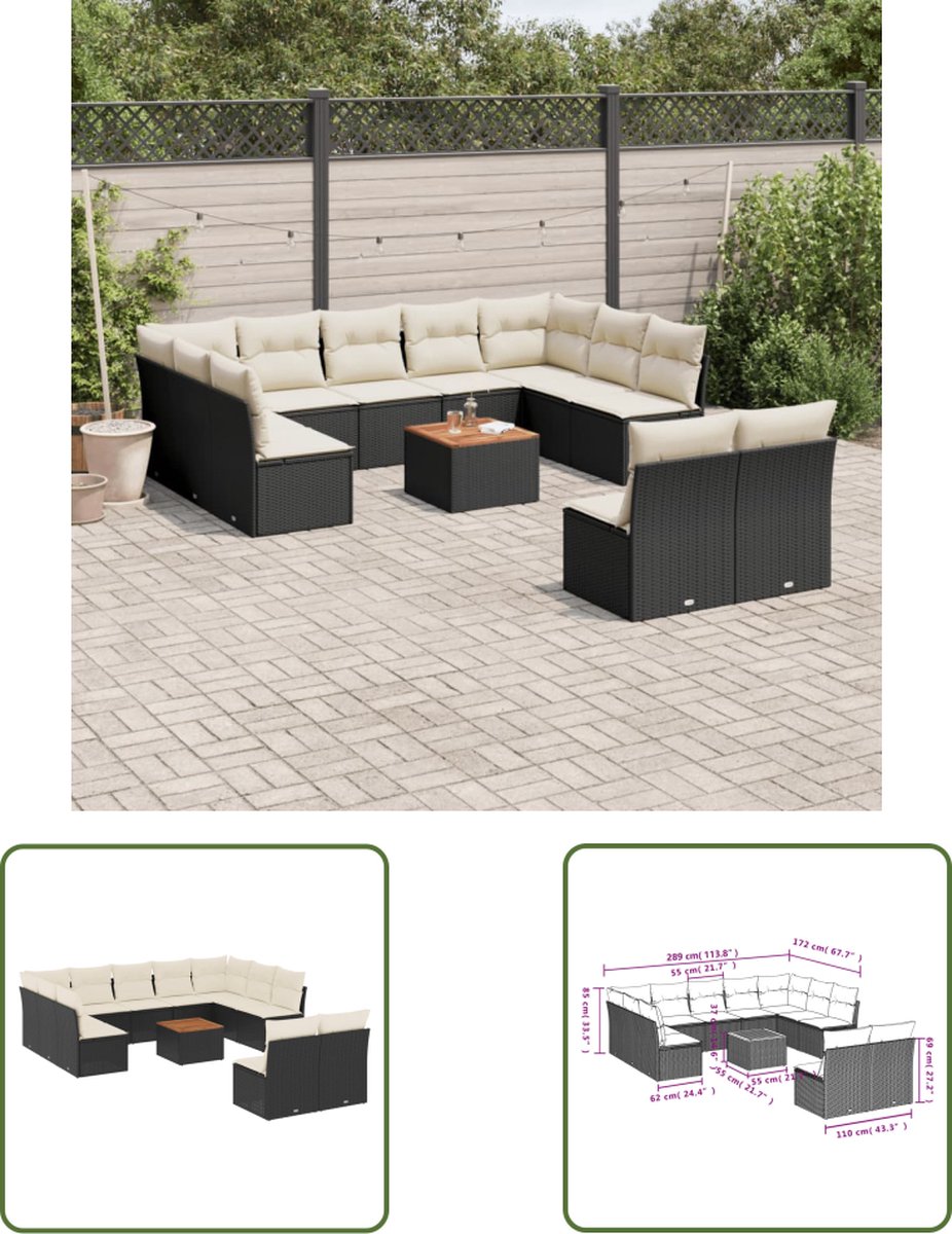 The Living Store 12-delige Loungeset met kussens poly rattan zwart - Loungeset - Lounge Set - Tuinlounge - Buitentijnen - Outdoor Furniture