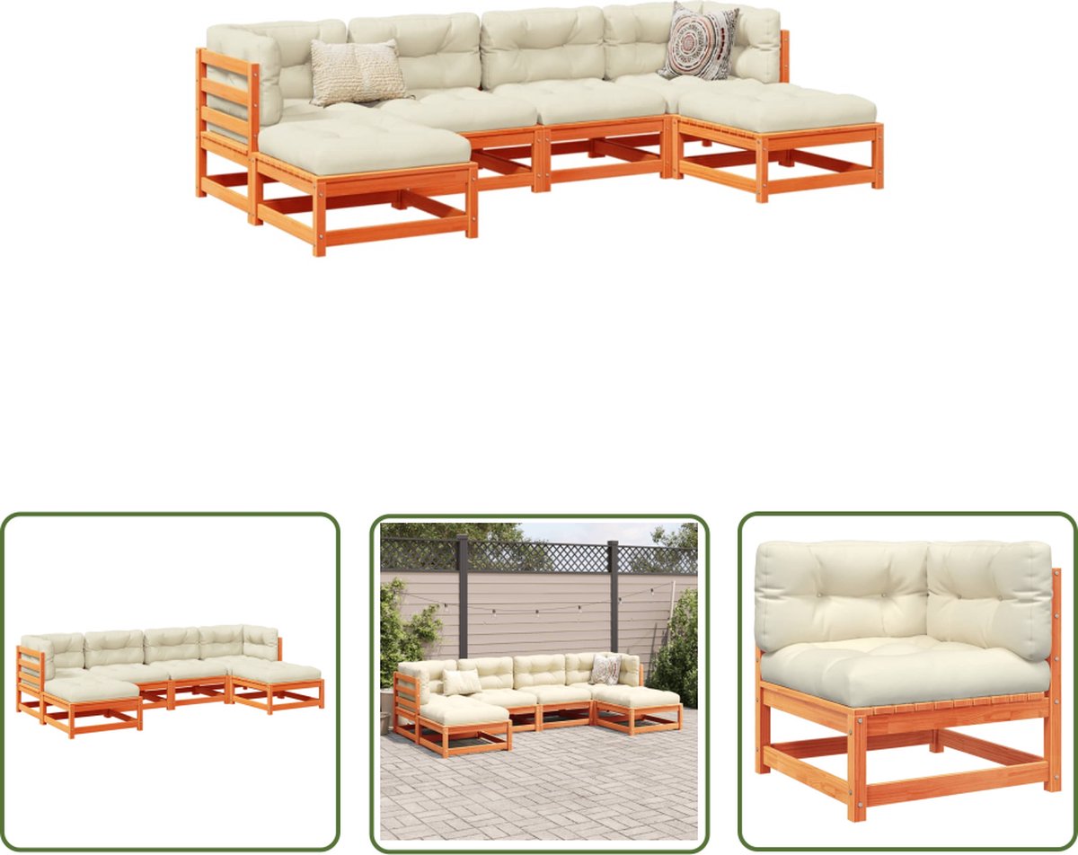 The Living Store 6-delige Loungeset met kussens massief grenenhout wasbruin - Loungeset - Tuinset - Lounge Bank - Buis Meubel - Houten Loungebank