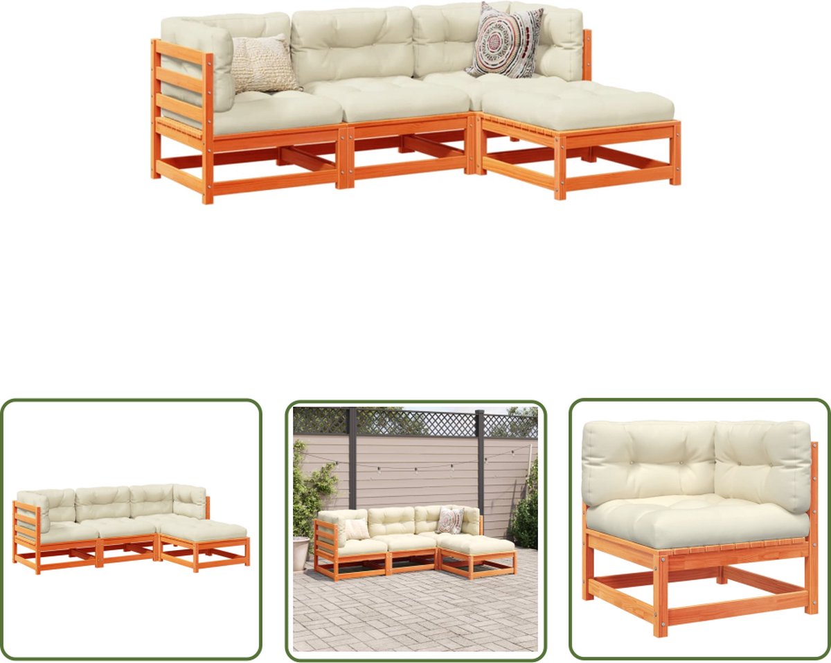 The Living Store 4-delige Loungeset met kussens massief grenenhout wasbruin - Tuin Lounge Set - Houten Loungebank - Tuinset - Buis Meubel - Buitenkamer