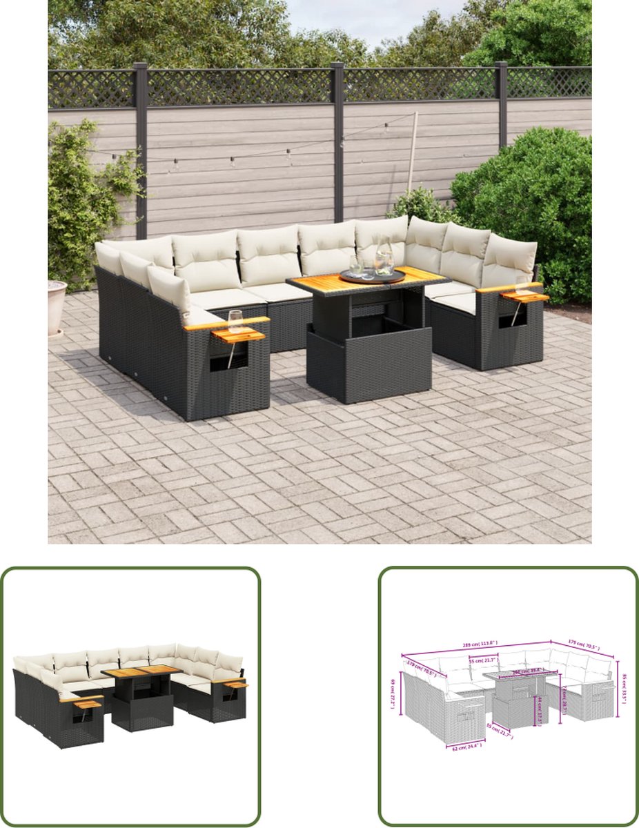Poly rattan loungeset in zwart met kussens voor tuindecoratie - The Living Store.
