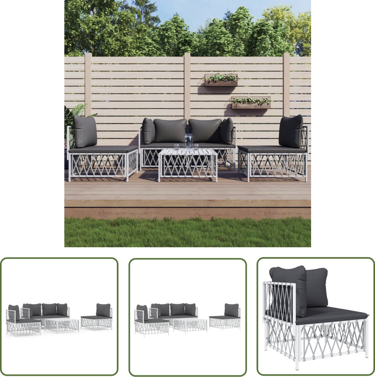 The Living Store 5-delige Loungeset met kussens staal wit - Loungeset - Tuinset - Lounge Stoel - Tuinstoel - Outdoor Furniture