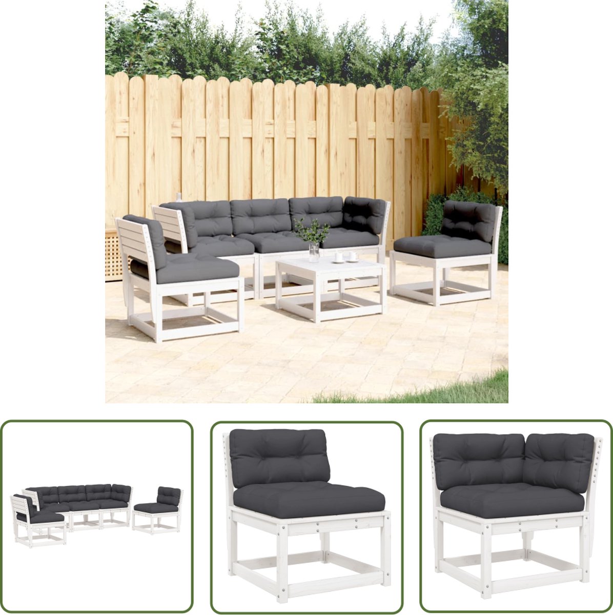 Tuinmeubelset van massief grenenhout in wit met kussens - The Living Store.