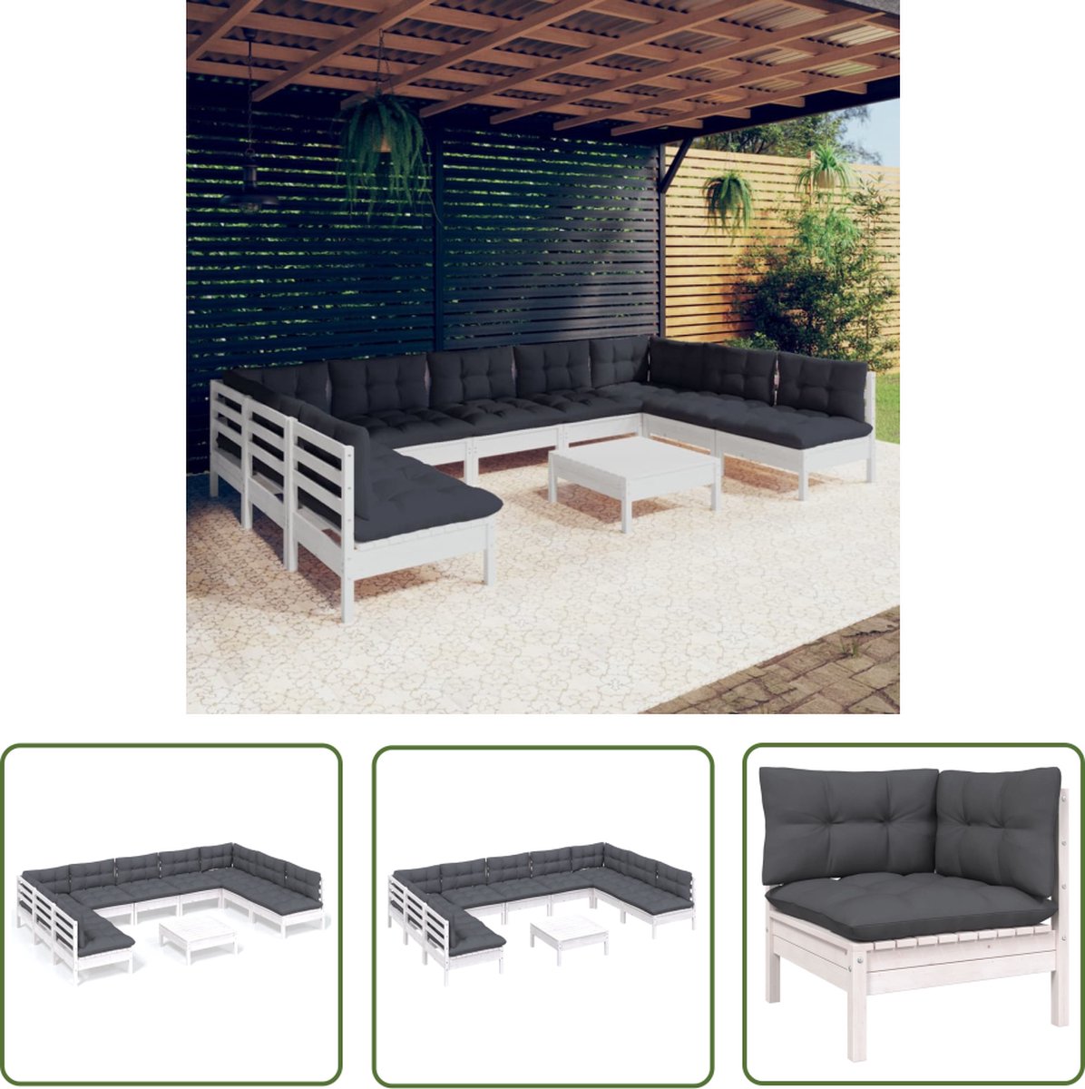 Wit massief grenenhouten loungeset met kussens - The Living Store.