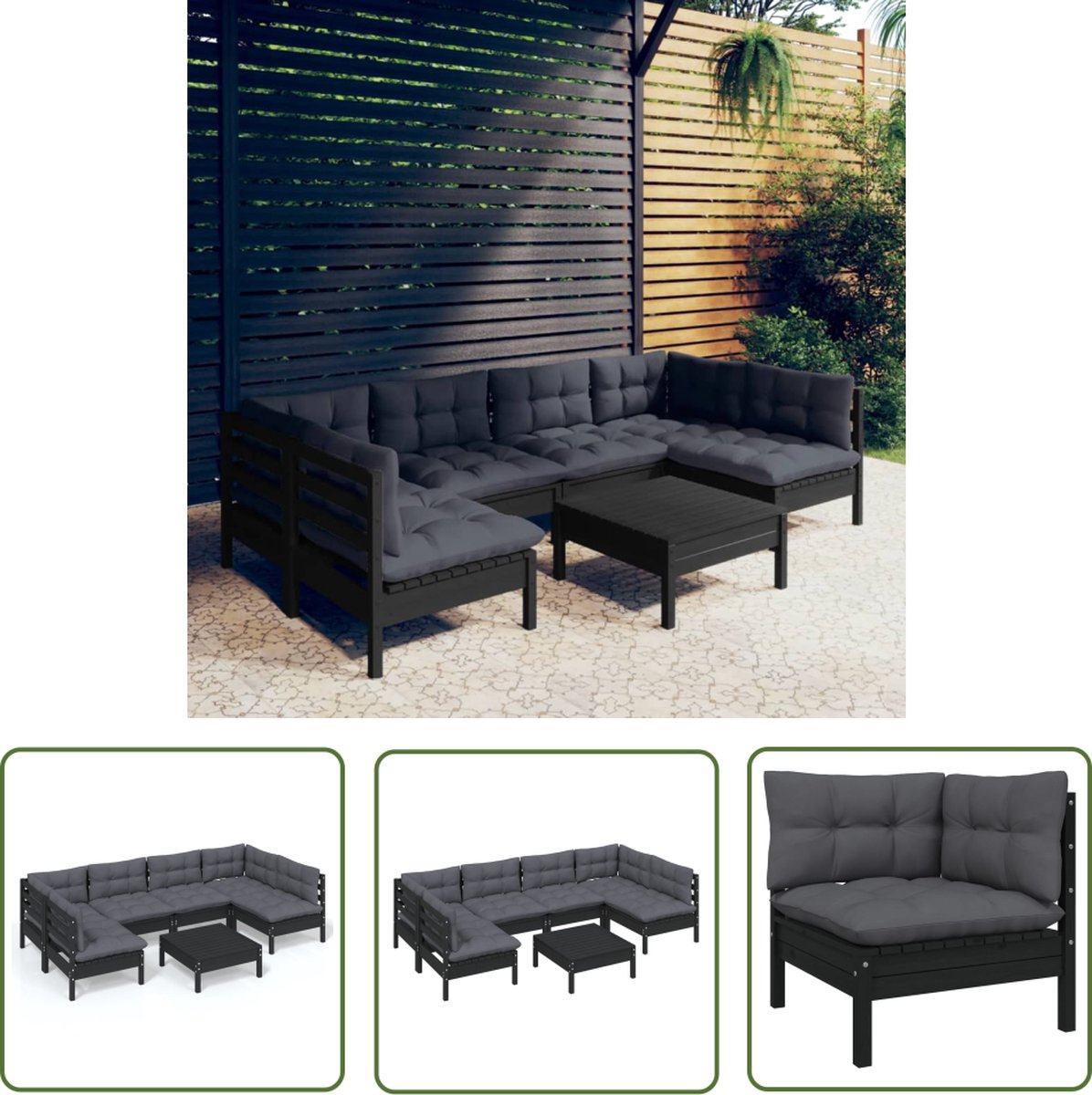 The Living Store 7-delige Loungeset met kussens massief grenenhout zwart - Loungeset - Tuinlounge - Lounge Stoel - Buitendecor - Houten Loungestoel