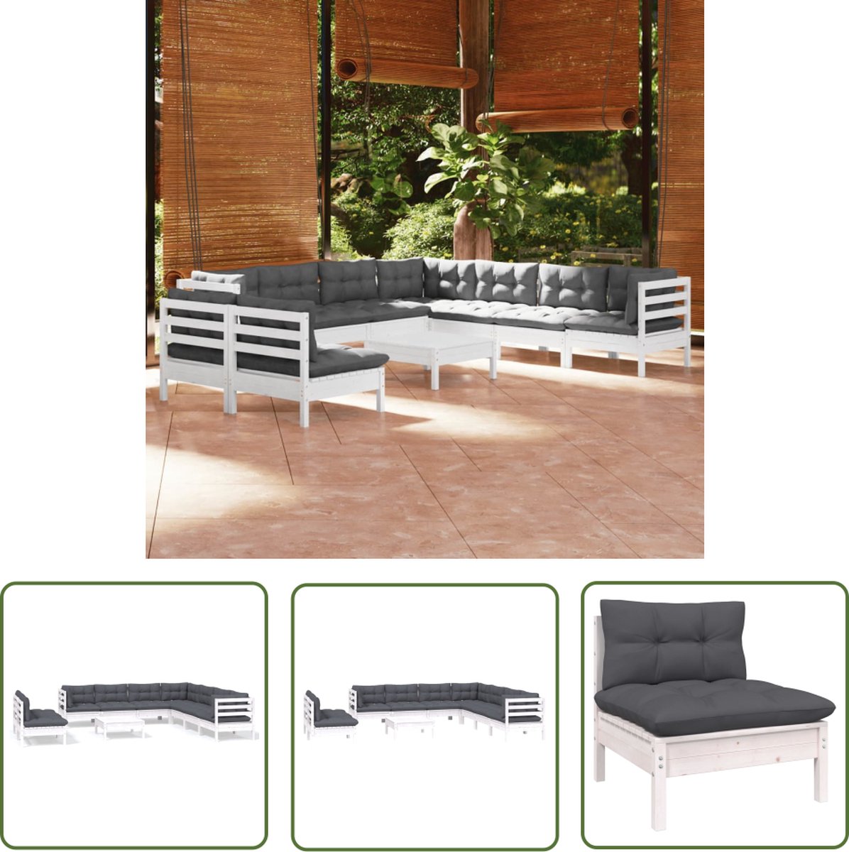 The Living Store 10-delige Loungeset met kussens massief grenenhout wit - Loungeset - Tuinset - Lounge Bank - Houten Loungestoel - Buis Meubel