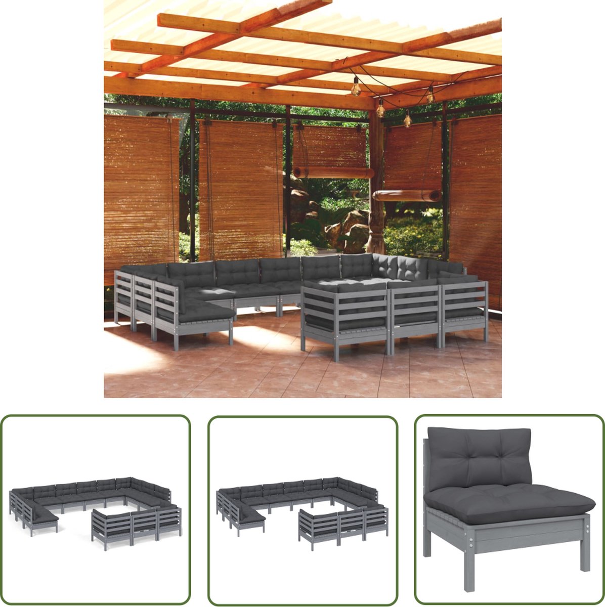 The Living Store 13-delige Loungeset met kussens grenenhout grijs - Loungeset - Tuinset - Hout - Grenenhout - Lounge