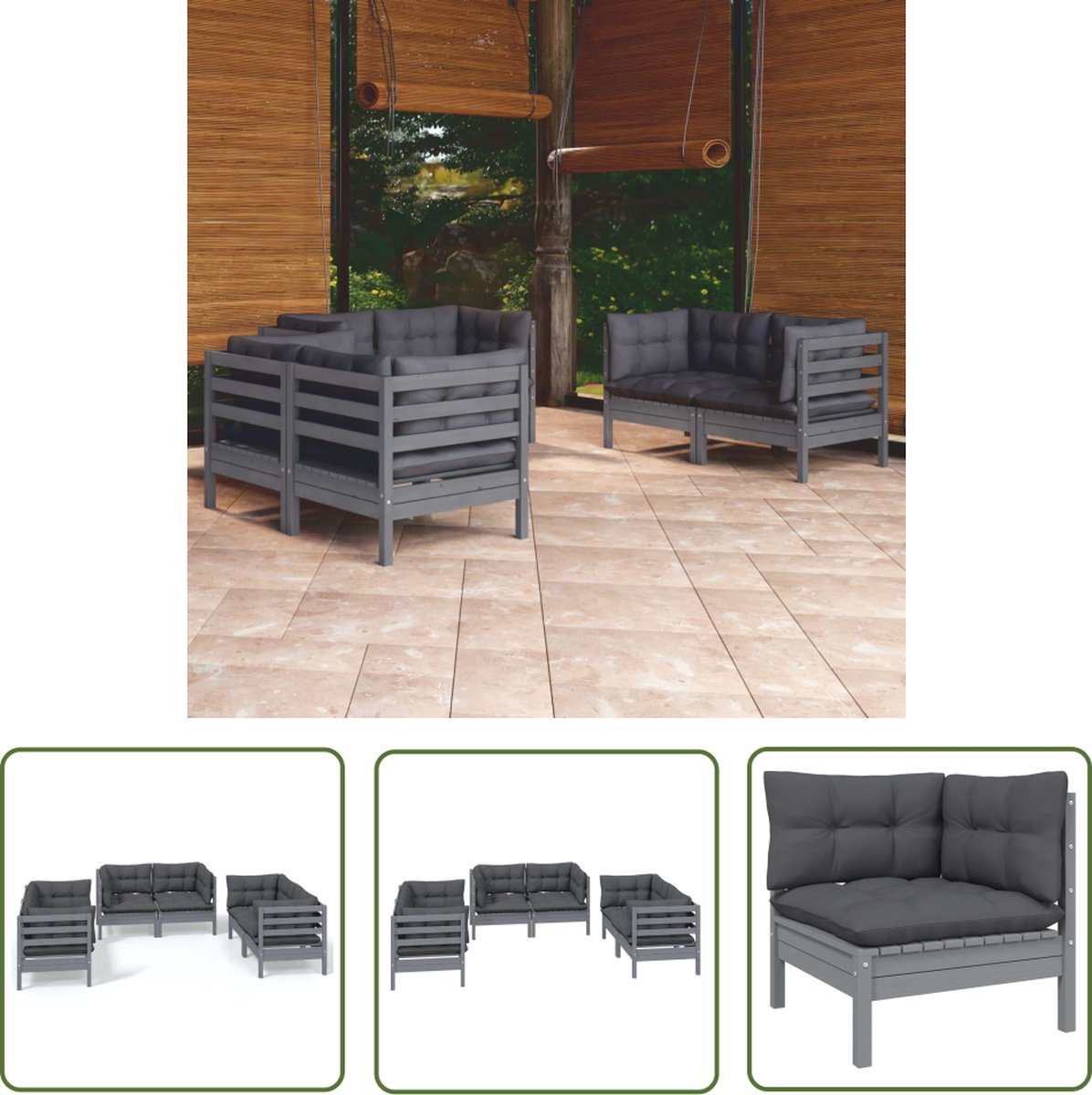 Massief grenenhouten loungeset met kussens voor buitenontspanning - Hoeken Bank.