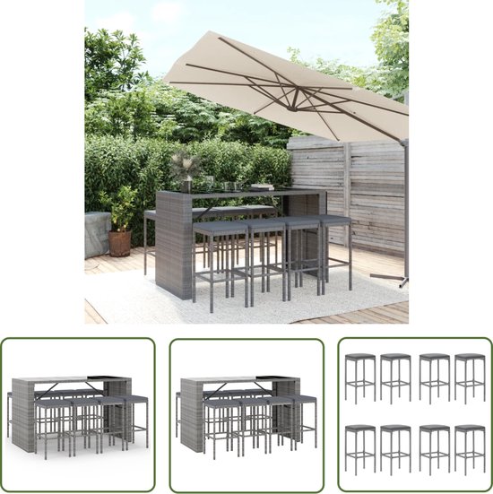 Foto: Vidaxl tuinbarset tuinbarsets bartafelset bartafel en kruk 9 delige tuinbarset met kussens poly rattan grijs