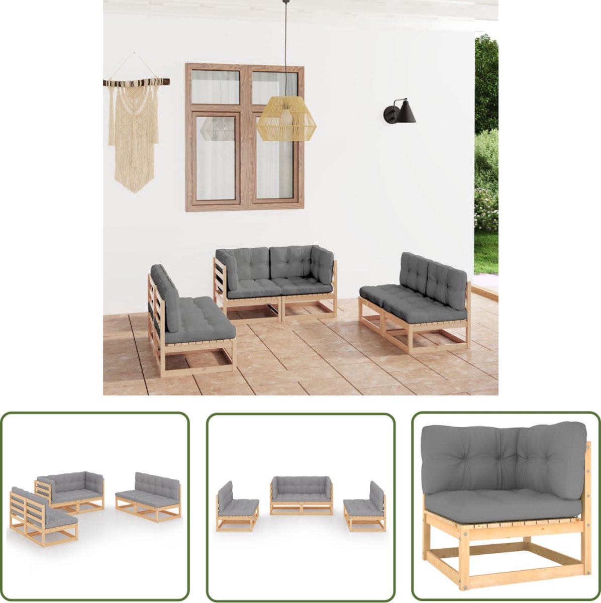 Massief grenenhouten loungeset met kussens en tuin lounge set.