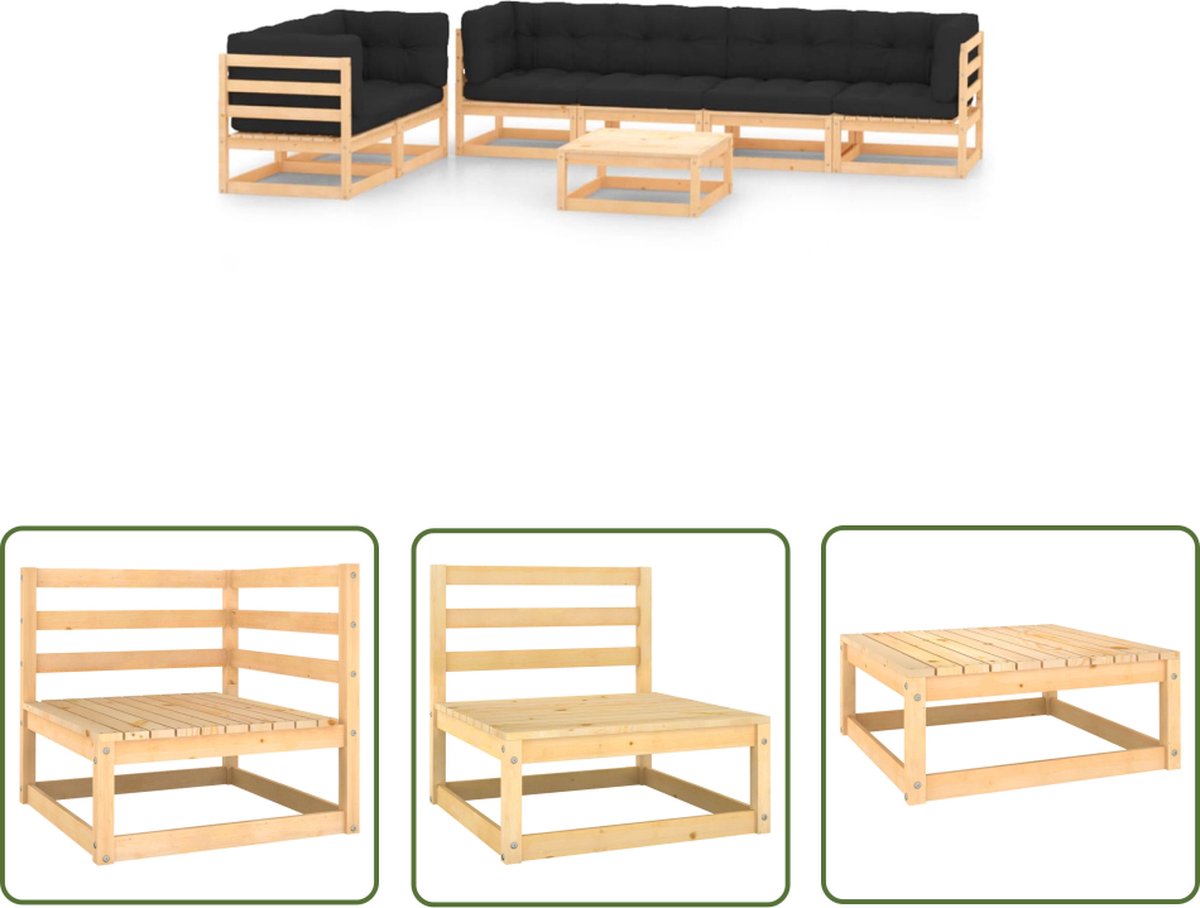 Moderne loungeset met antracietkleurige kussens en grenenhouten pallets voor buiten.
