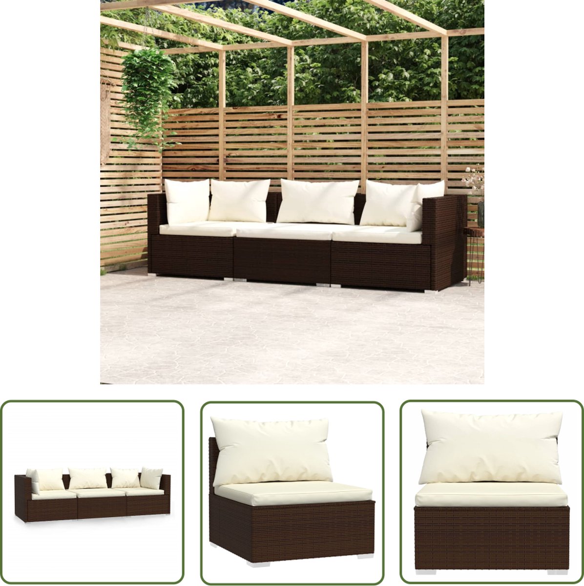 The Living Store Driezitsbank met kussens poly rattan bruin - Tuinbank - PE-rattan - Bruine Bank - Buitenbank - Modulaire Bank
