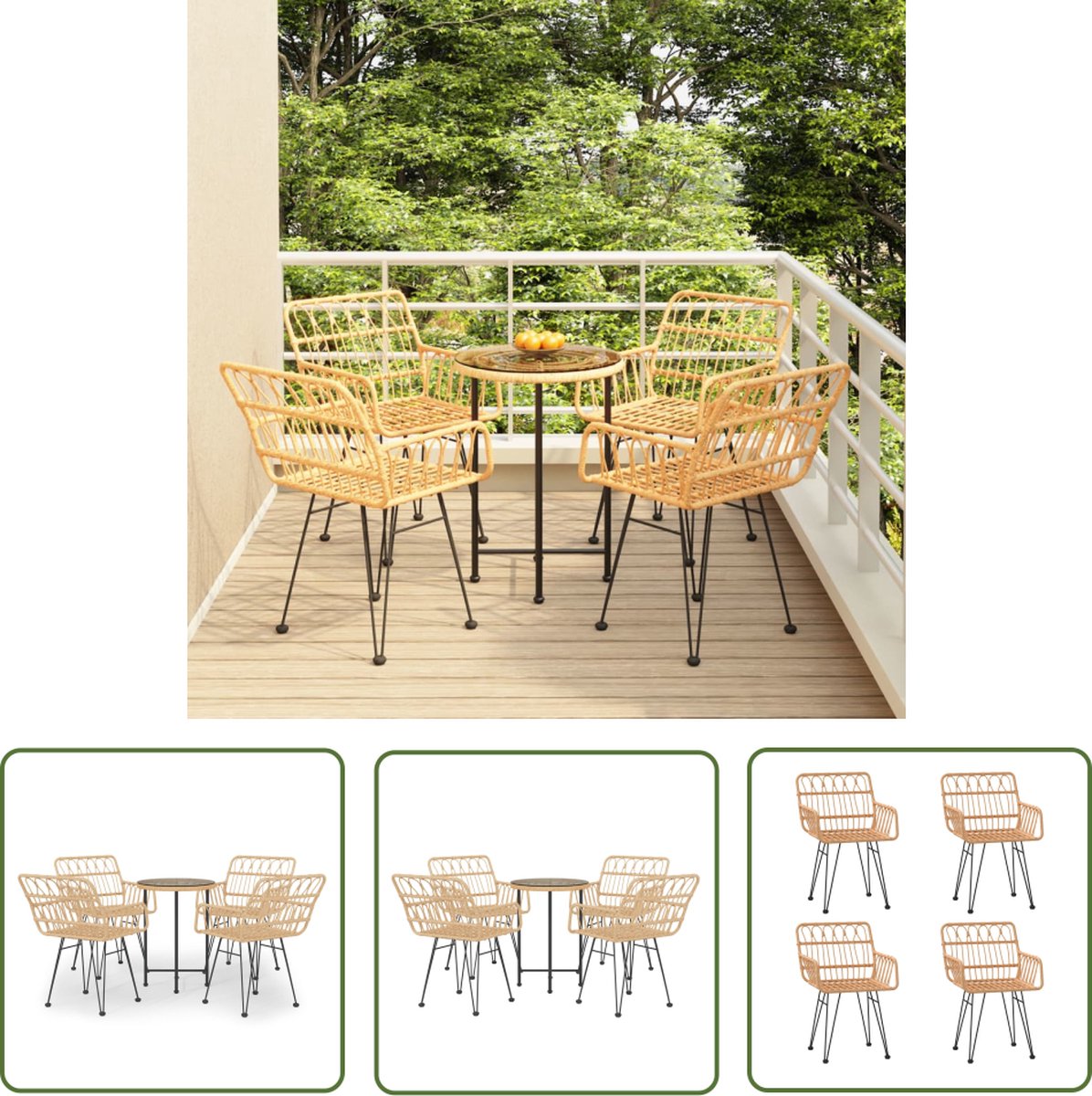 Tuinset van poly rattan met 5 delen en stalen frame.