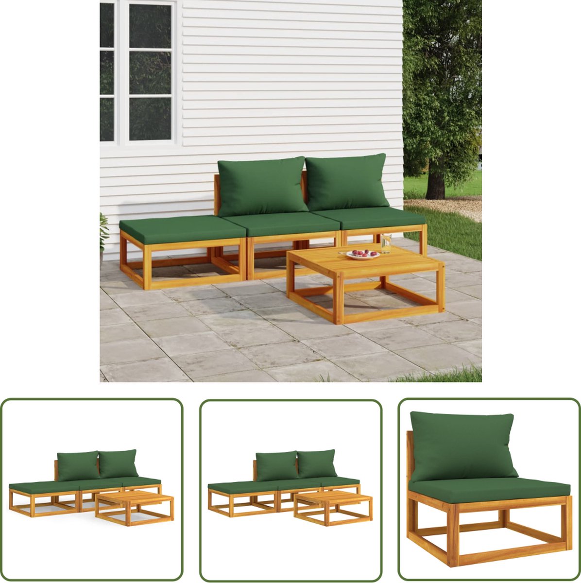 The Living Store 4-delige Loungeset met groene kussens massief hout - Tuinstoel - Tuinset - Acacia Hout - Lounge Set - Buitendiner
