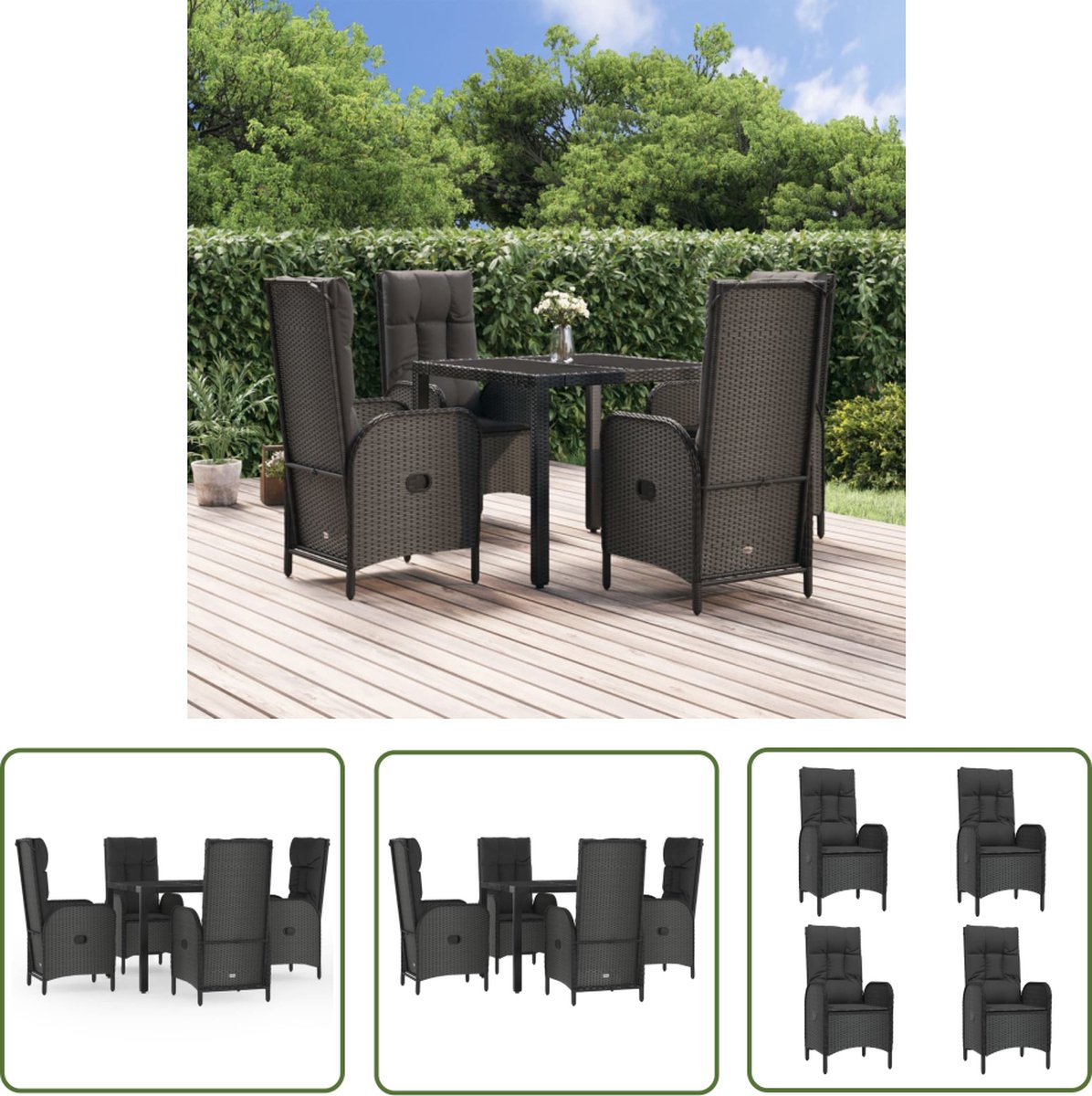 The Living Store 5-delige Tuinset met kussens poly rattan zwart - Tuinmeubels - Lounge Set - Eetkamerset - Outdoor Furniture - Patio Set